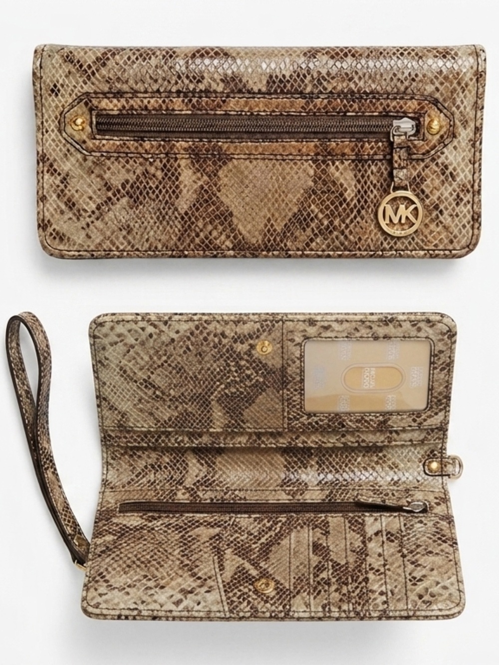 Michael Kors NEW Snakeskin Long Clutch Bag Wristlet Animal Wallet Brown Gold Tan